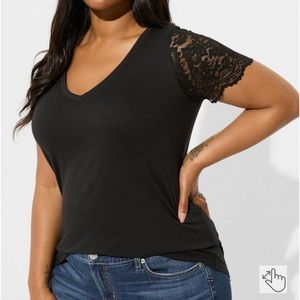 Torrid Classic Fit Cotton-Blend V-Neck Lace Sleeve Tee